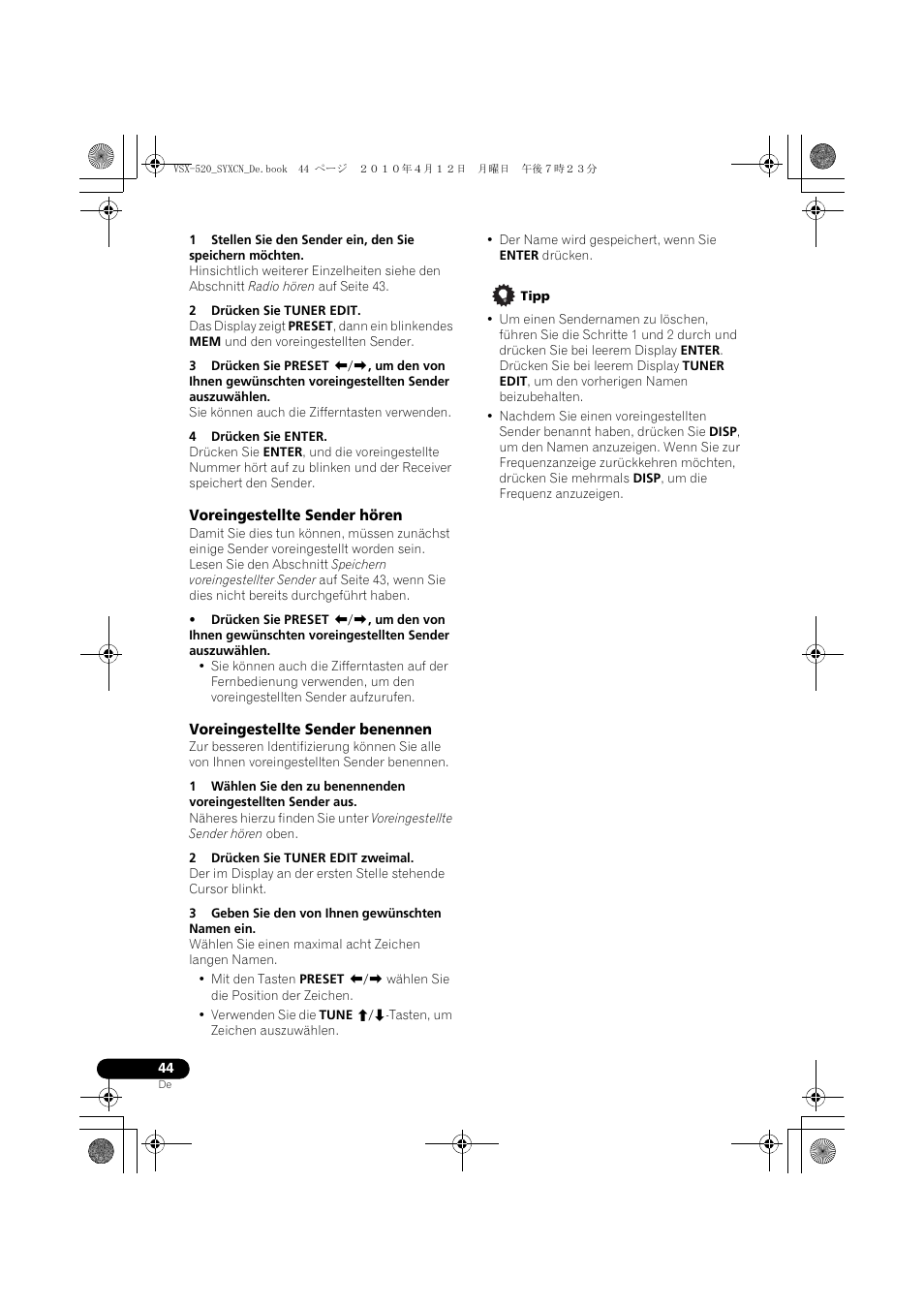 Voreingestellte sender hören, Voreingestellte sender benennen | Pioneer VSX-520-S User Manual | Page 100 / 228