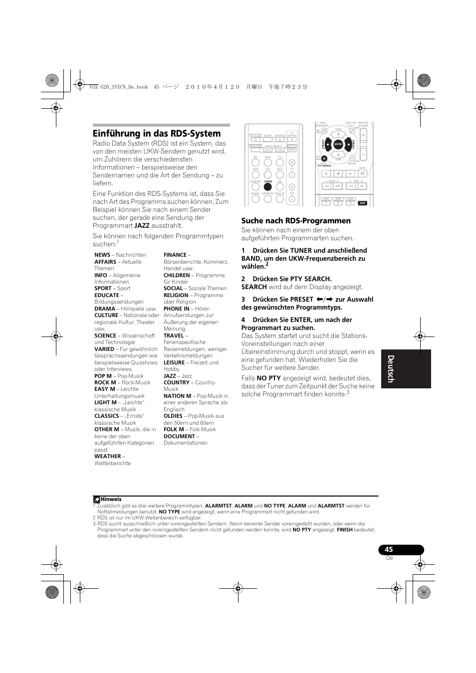 Einführung in das rds-system, Suche nach rds-programmen | Pioneer VSX-520-S User Manual | Page 101 / 228