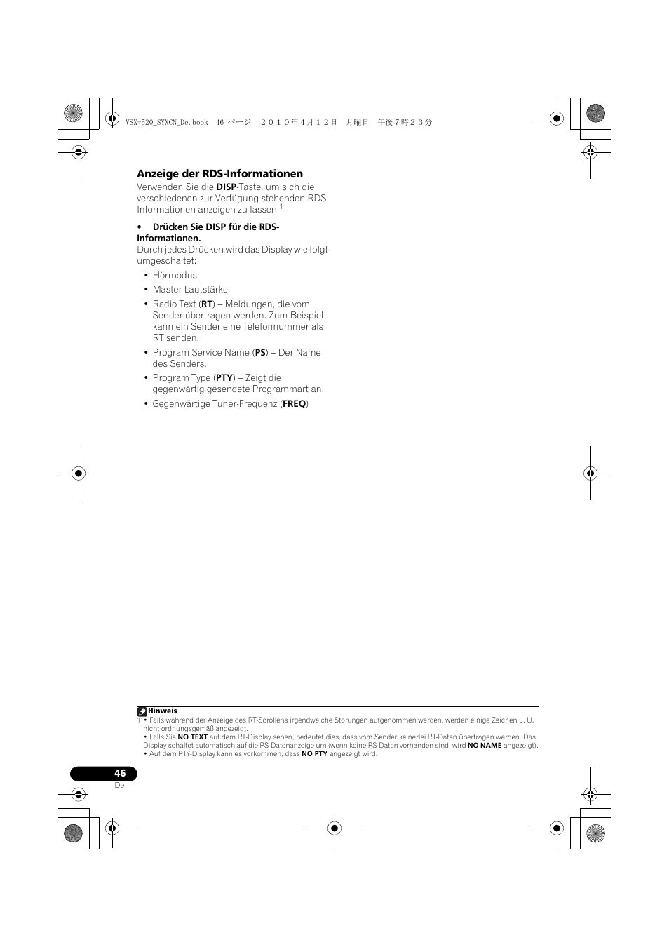 Anzeige der rds-informationen | Pioneer VSX-520-S User Manual | Page 102 / 228