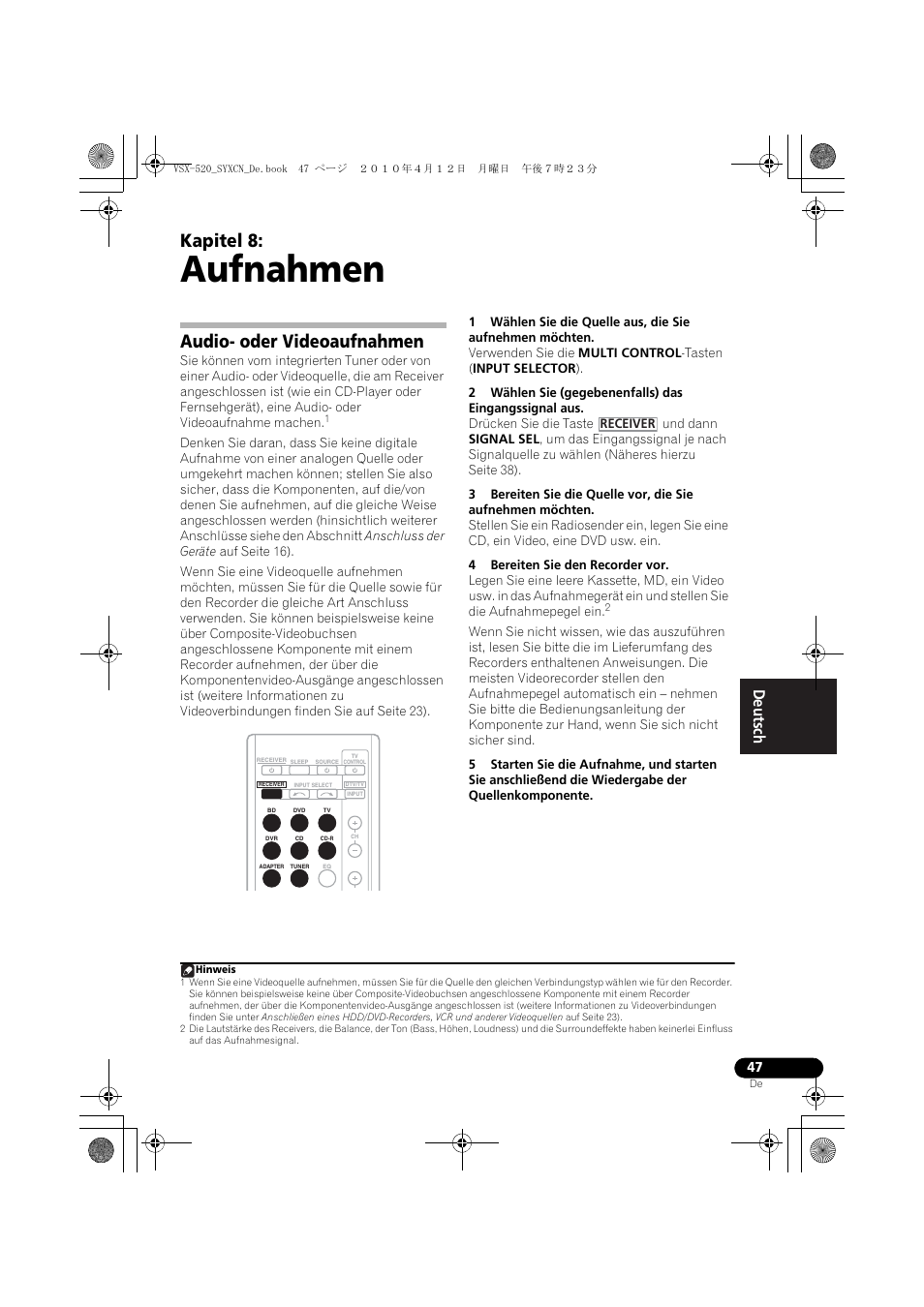 Aufnahmen, Audio- oder videoaufnahmen, 08 aufnahmen | Kapitel 8 | Pioneer VSX-520-S User Manual | Page 103 / 228