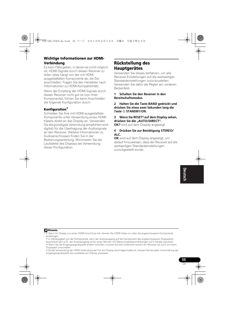 Wichtige informationen zur hdmi- verbindung, Rückstellung des hauptgerätes, Wichtige informationen zur hdmi-verbindung | Pioneer VSX-520-S User Manual | Page 111 / 228