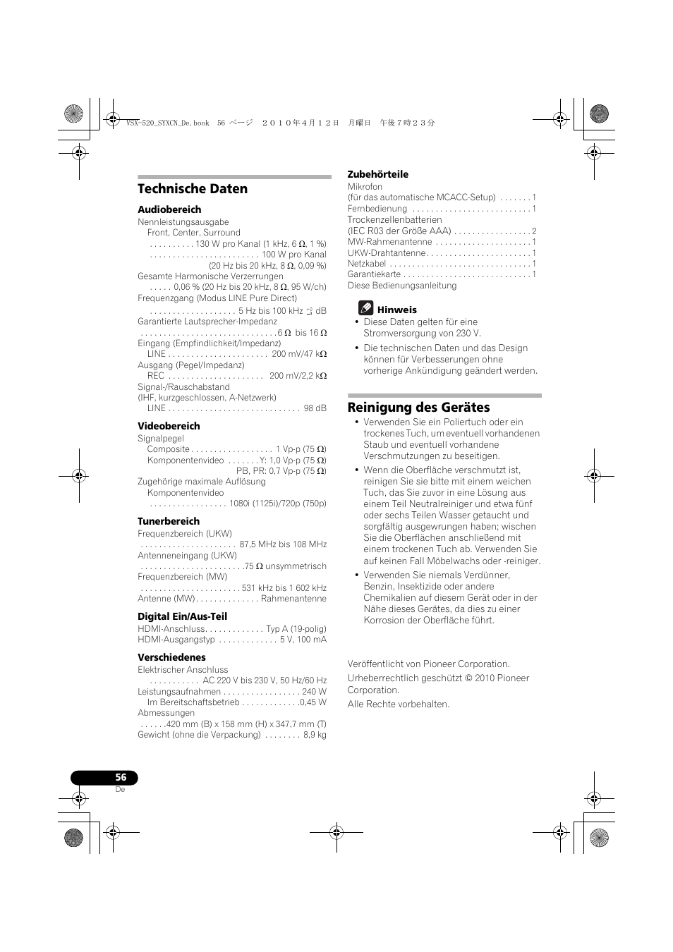 Technische daten, Reinigung des gerätes | Pioneer VSX-520-S User Manual | Page 112 / 228