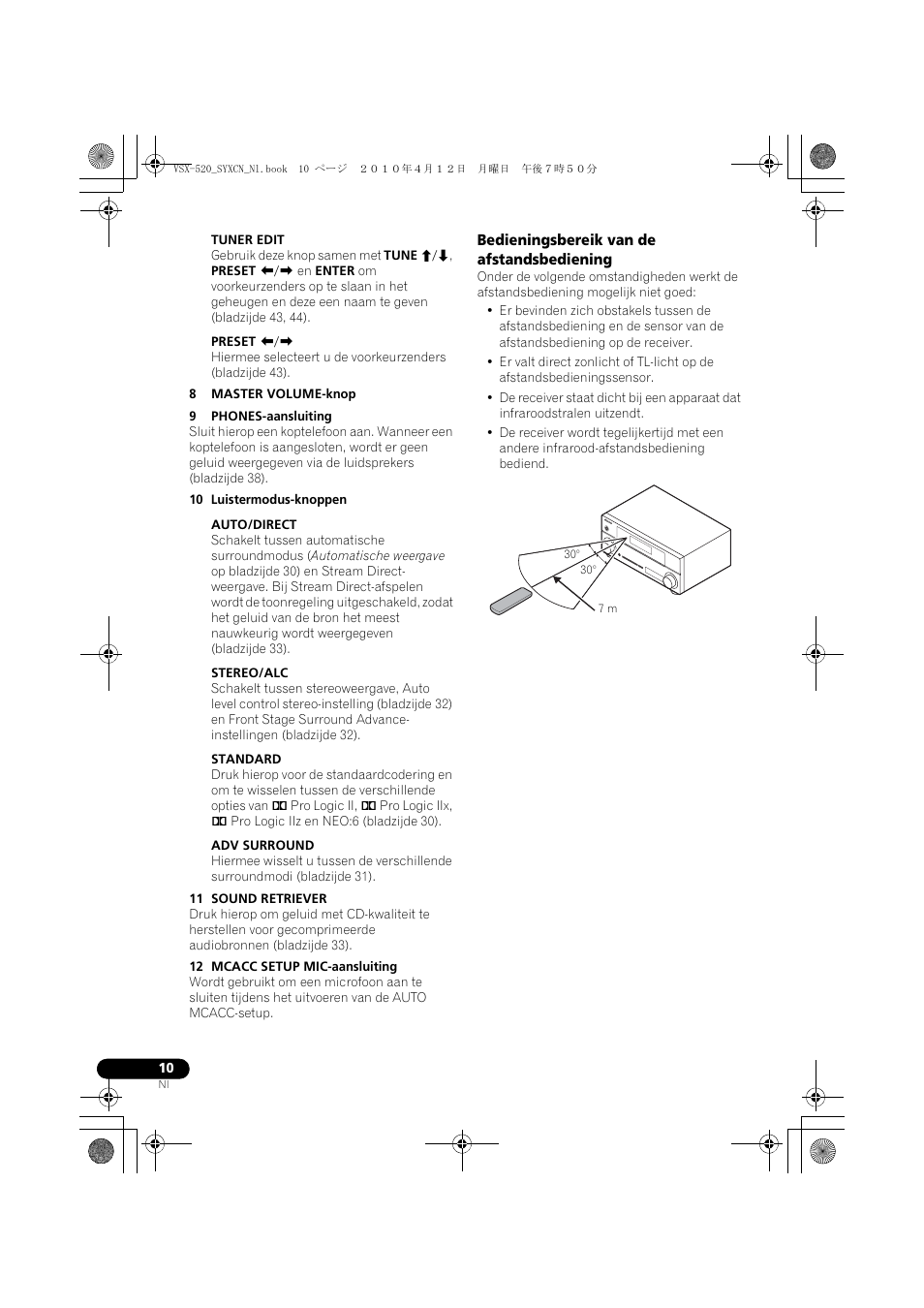 Bedieningsbereik van de afstandsbediening | Pioneer VSX-520-S User Manual | Page 122 / 228