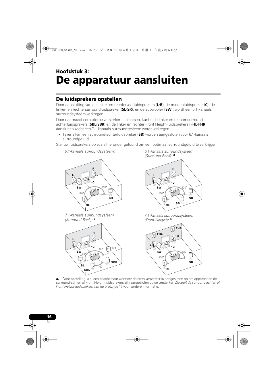 De apparatuur aansluiten, De luidsprekers opstellen, Kanaals surroundsysteem | 03 de apparatuur aansluiten, Hoofdstuk 3 | Pioneer VSX-520-S User Manual | Page 128 / 228