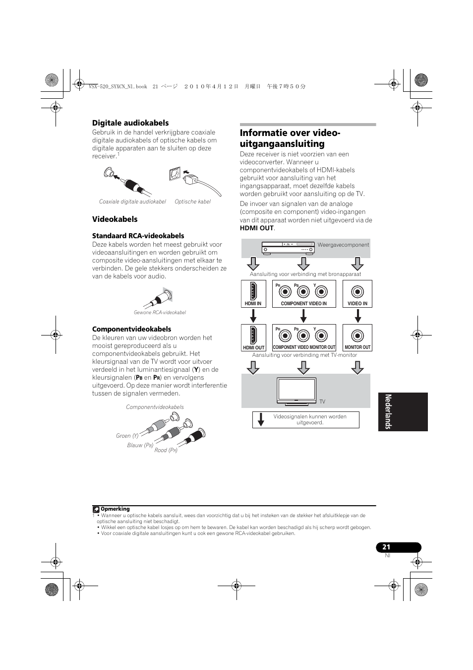 Digitale audiokabels, Videokabels, Informatie over video- uitgangaansluiting | Informatie over video-uitgangaansluiting | Pioneer VSX-520-S User Manual | Page 133 / 228