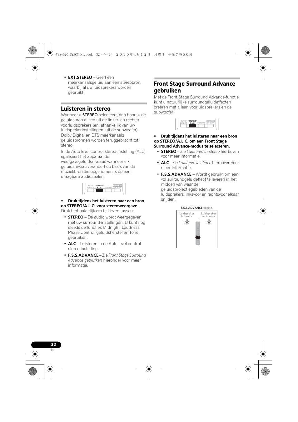 Luisteren in stereo, Front stage surround advance gebruiken | Pioneer VSX-520-S User Manual | Page 144 / 228