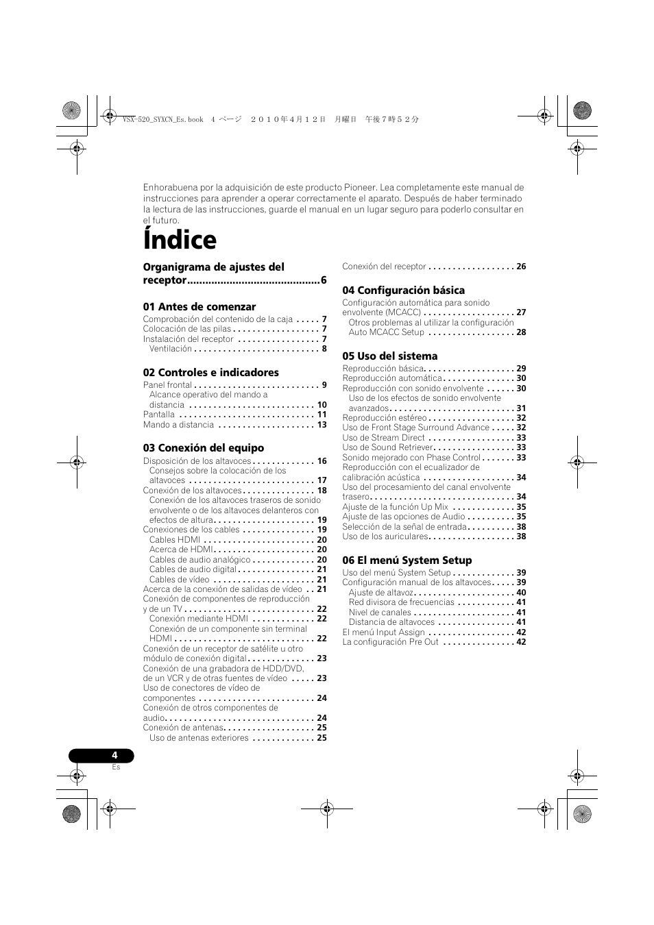 Índice, Manual de instrucciones | Pioneer VSX-520-S User Manual | Page 172 / 228
