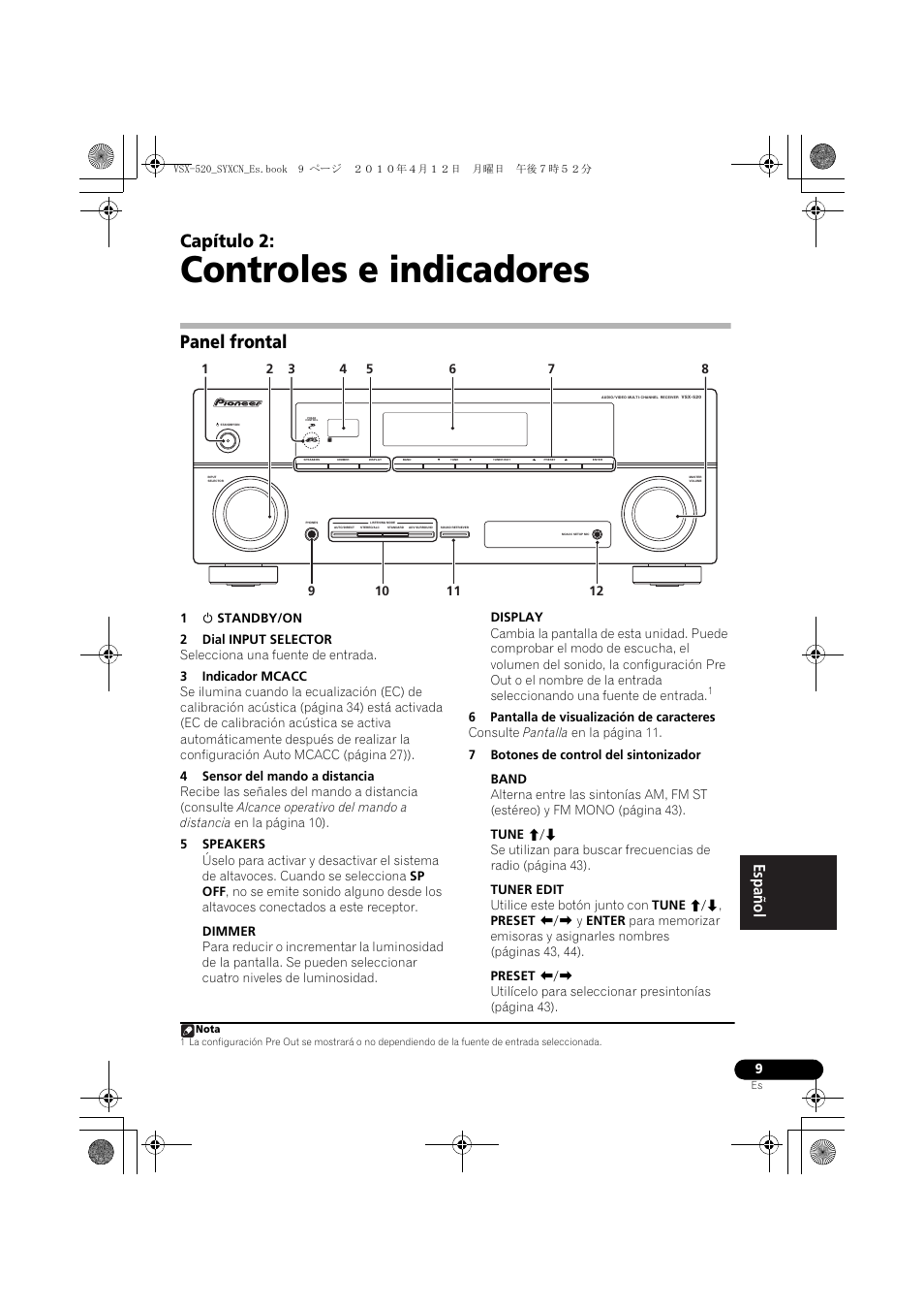 Controles e indicadores, Panel frontal, 02 controles e indicadores | Capítulo 2 | Pioneer VSX-520-S User Manual | Page 177 / 228