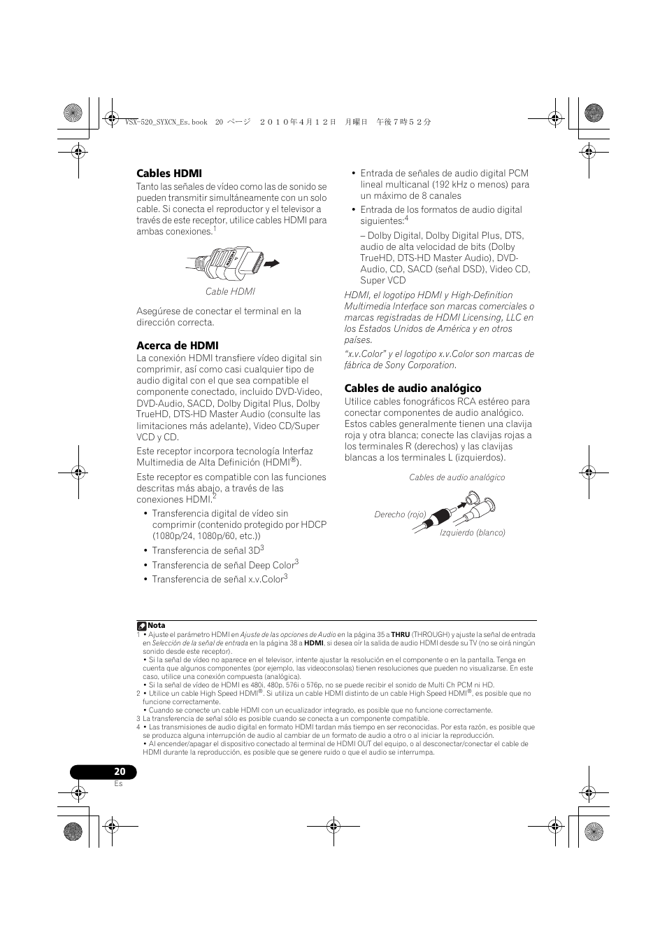 Cables hdmi, Acerca de hdmi, Cables de audio analógico | Pioneer VSX-520-S User Manual | Page 188 / 228