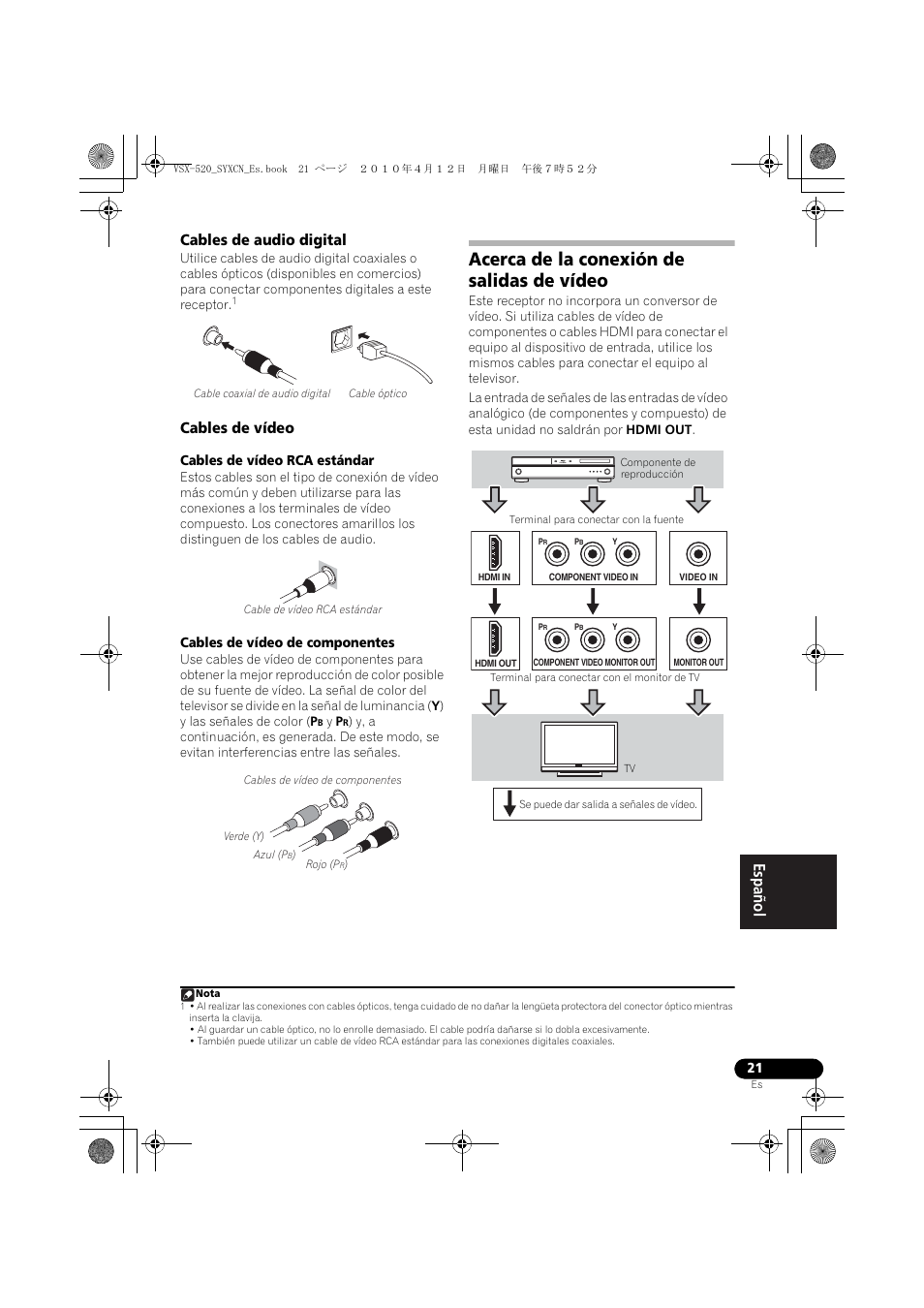 Cables de audio digital, Cables de vídeo, Acerca de la conexión de salidas de vídeo | Pioneer VSX-520-S User Manual | Page 189 / 228