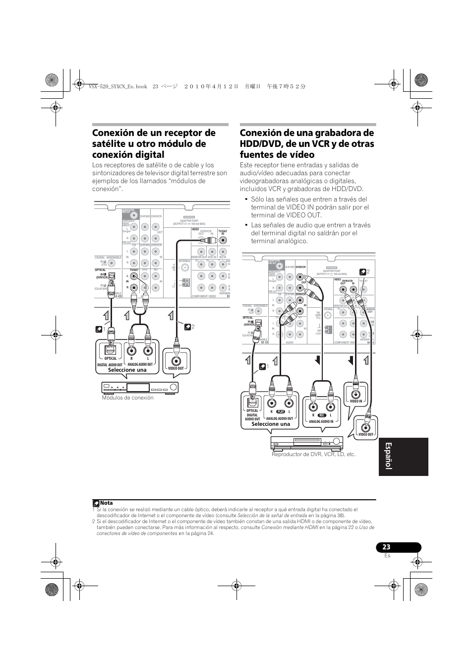 Seleccione una, Nota, Seleccione una módulos de conexión 1 2 | Pioneer VSX-520-S User Manual | Page 191 / 228