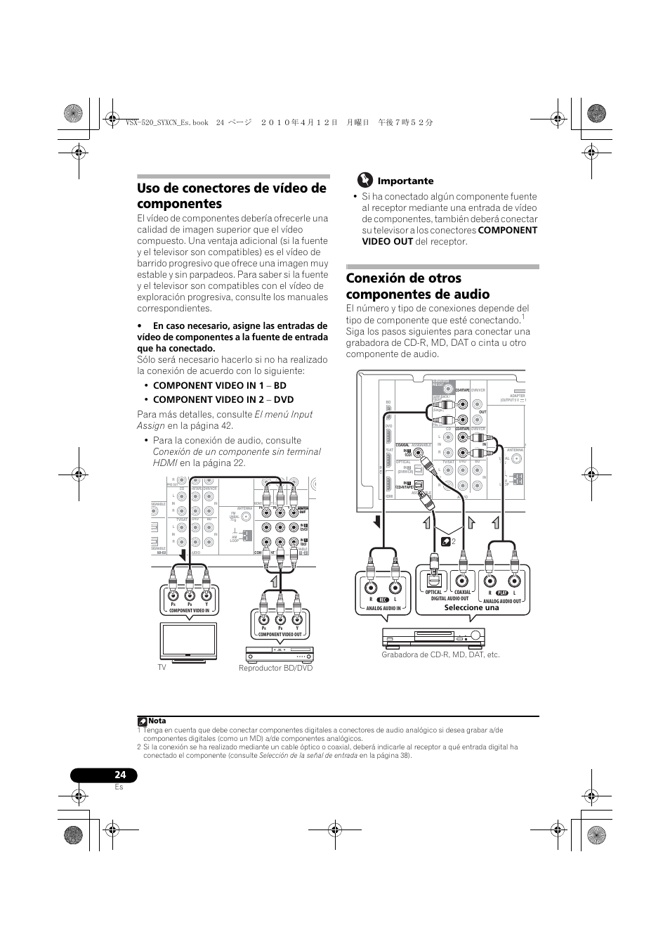 Uso de conectores de vídeo de componentes, Conexión de otros componentes de audio, Seleccione una | Reproductor bd/dvd tv nota | Pioneer VSX-520-S User Manual | Page 192 / 228