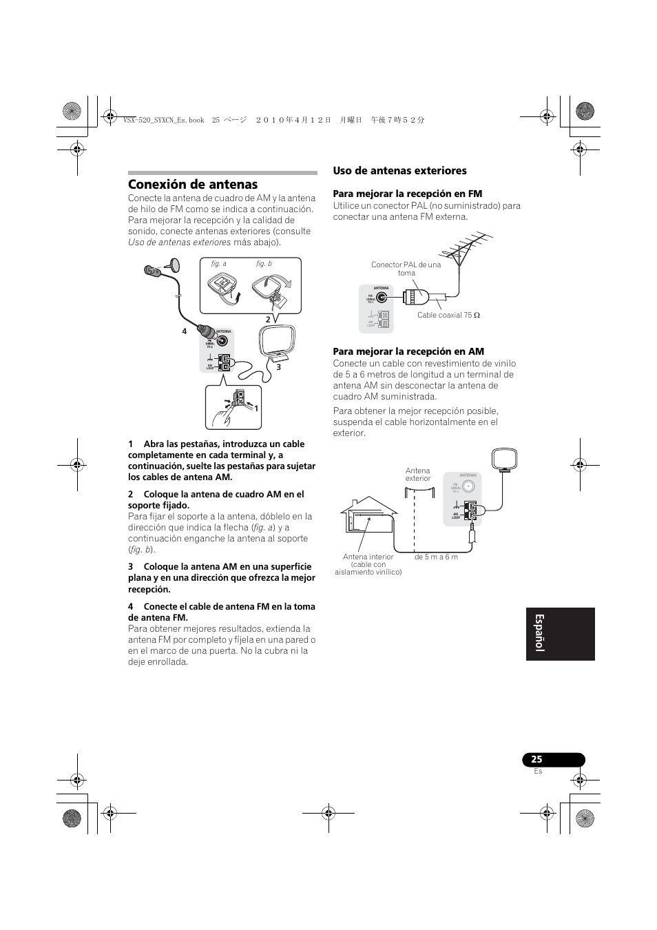 Conexión de antenas, Uso de antenas exteriores, Para mejorar la recepción en fm | Para mejorar la recepción en am | Pioneer VSX-520-S User Manual | Page 193 / 228