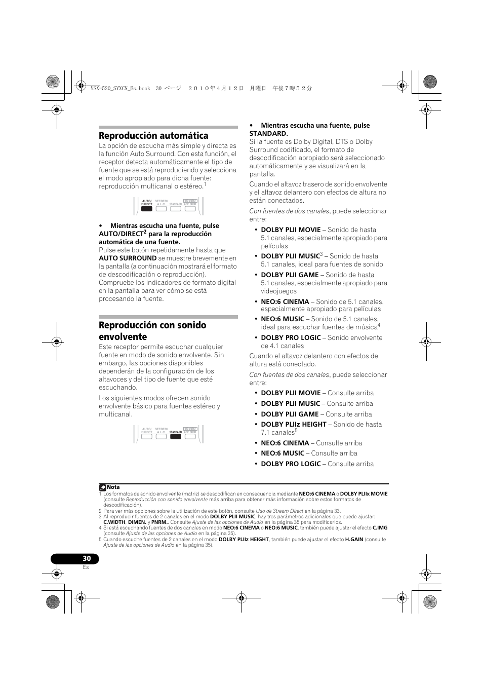 Reproducción automática, Reproducción con sonido envolvente | Pioneer VSX-520-S User Manual | Page 198 / 228