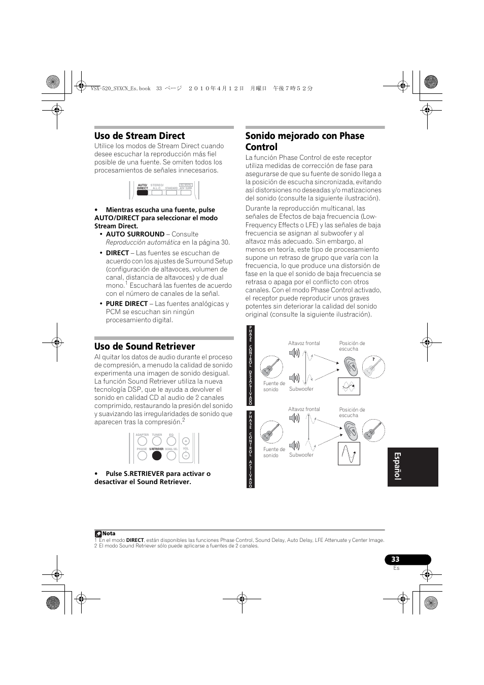 Uso de stream direct, Uso de sound retriever, Sonido mejorado con phase control | Pioneer VSX-520-S User Manual | Page 201 / 228