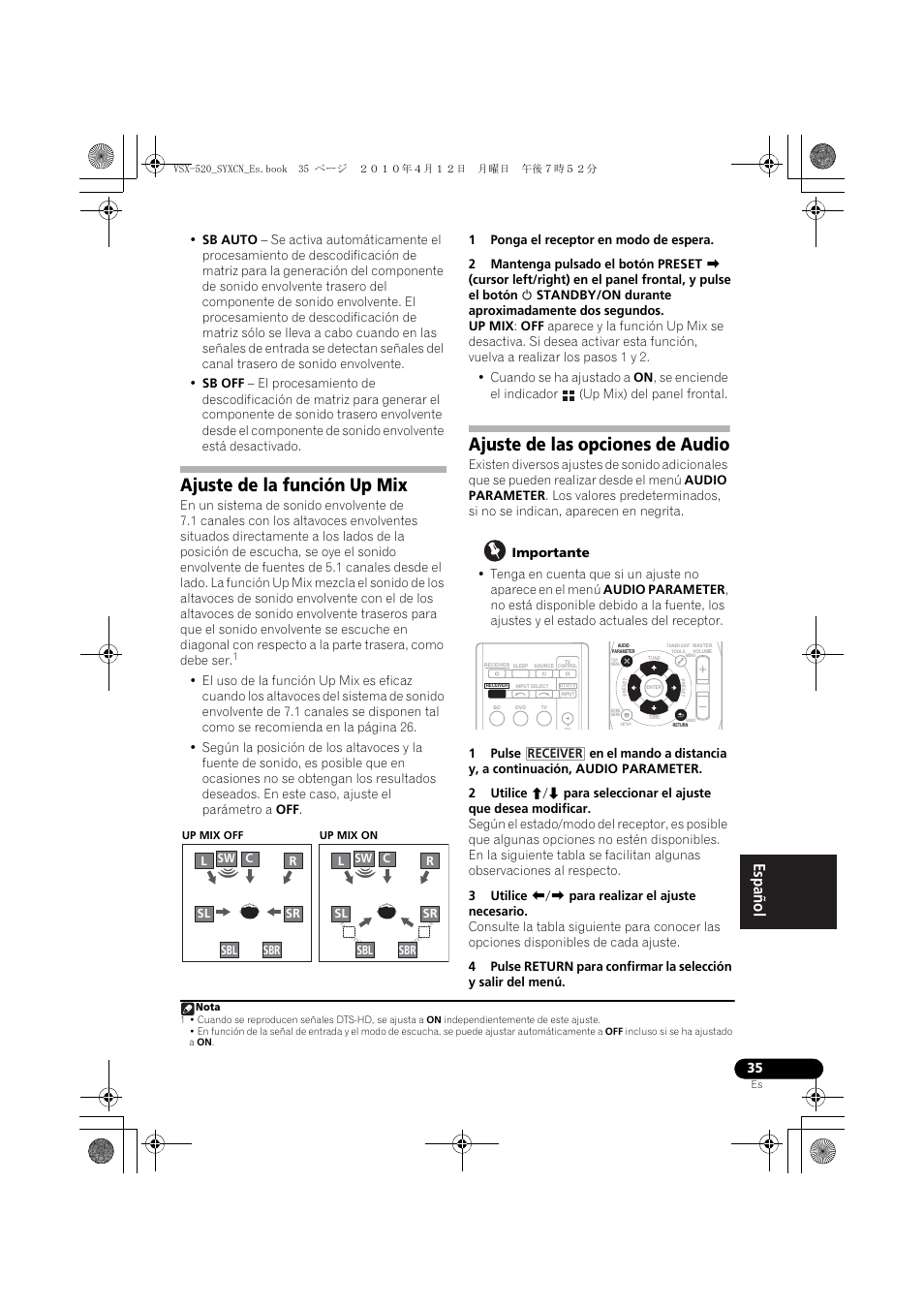 Ajuste de la función up mix, Ajuste de las opciones de audio | Pioneer VSX-520-S User Manual | Page 203 / 228