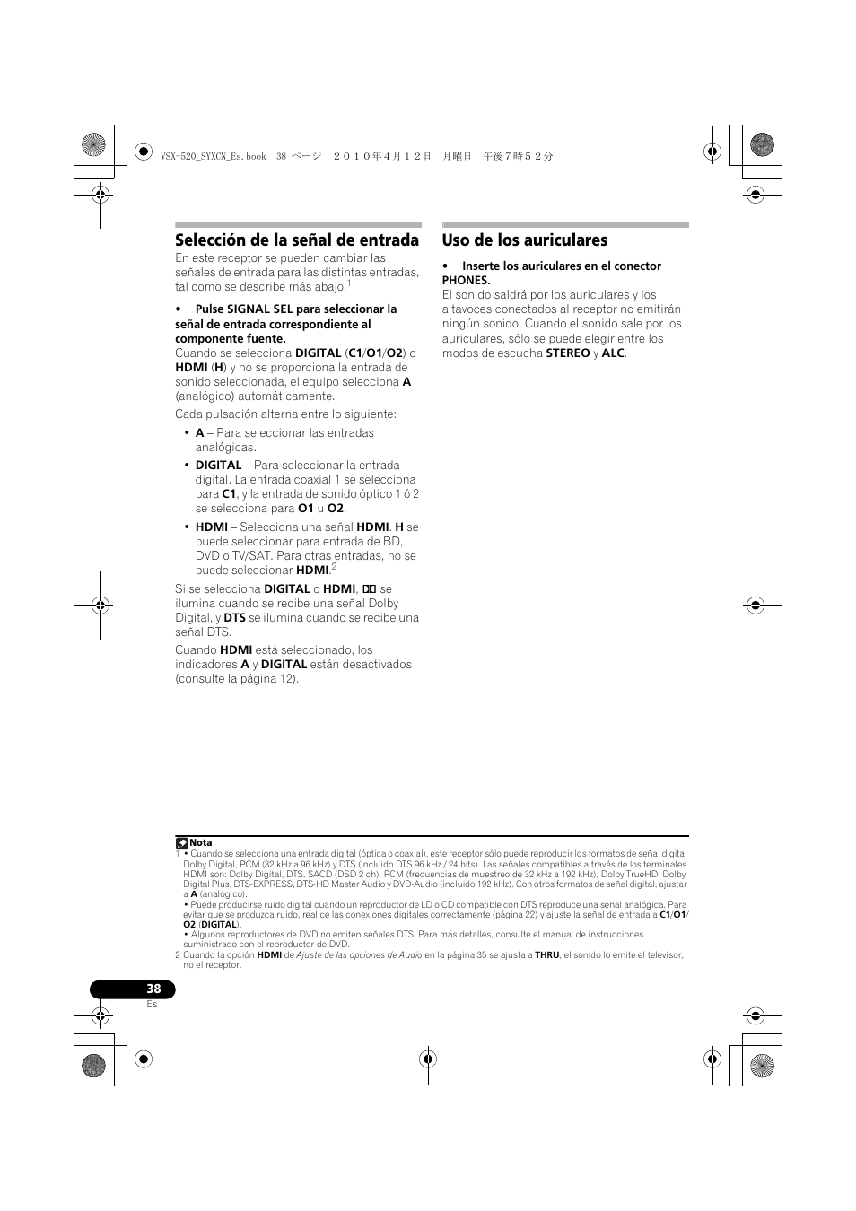 Selección de la señal de entrada, Uso de los auriculares | Pioneer VSX-520-S User Manual | Page 206 / 228