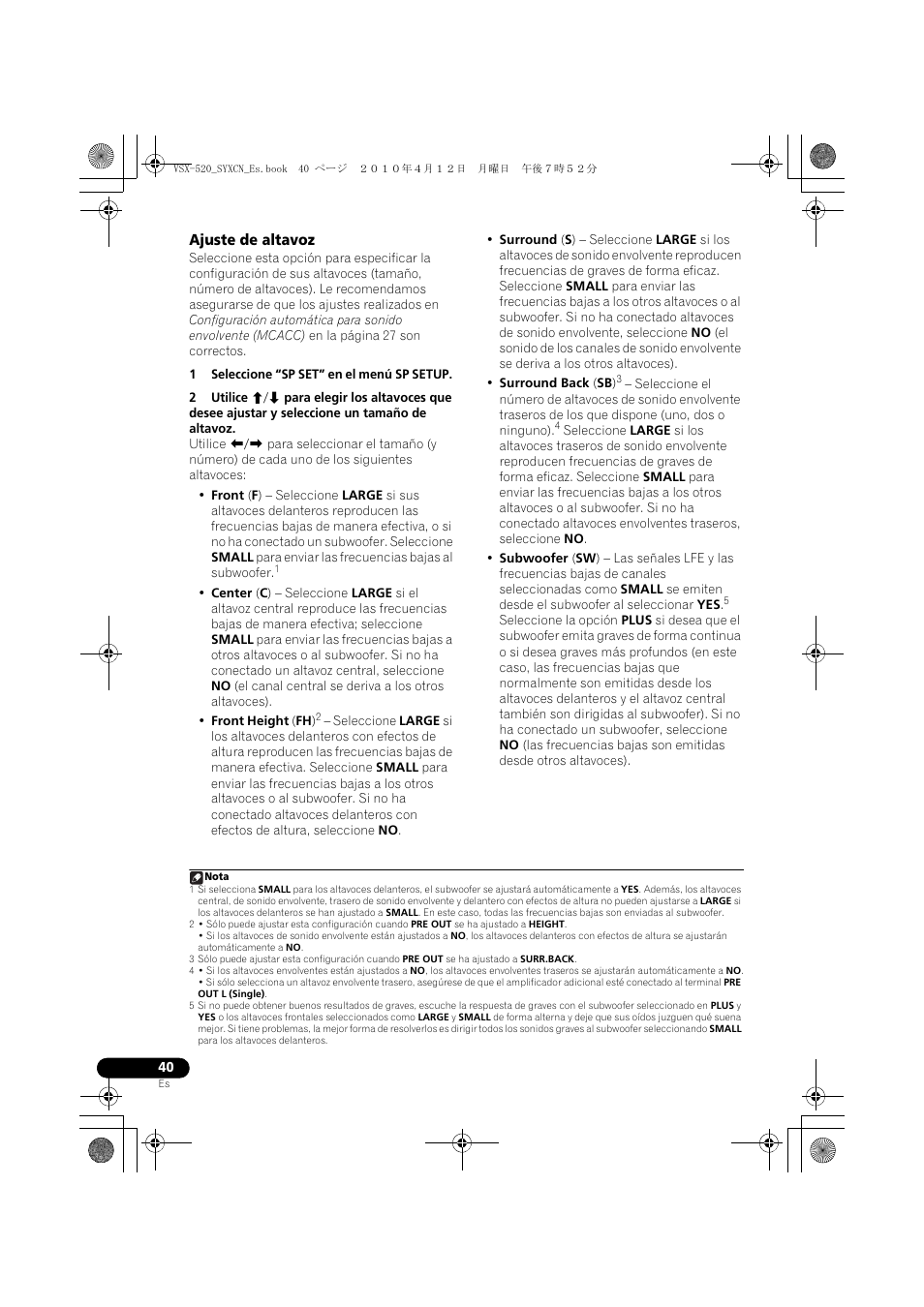 Ajuste de altavoz | Pioneer VSX-520-S User Manual | Page 208 / 228