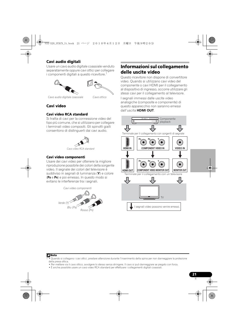 Cavi audio digitali, Cavi video, Informazioni sul collegamento delle uscite video | Pioneer VSX-520-S User Manual | Page 21 / 228