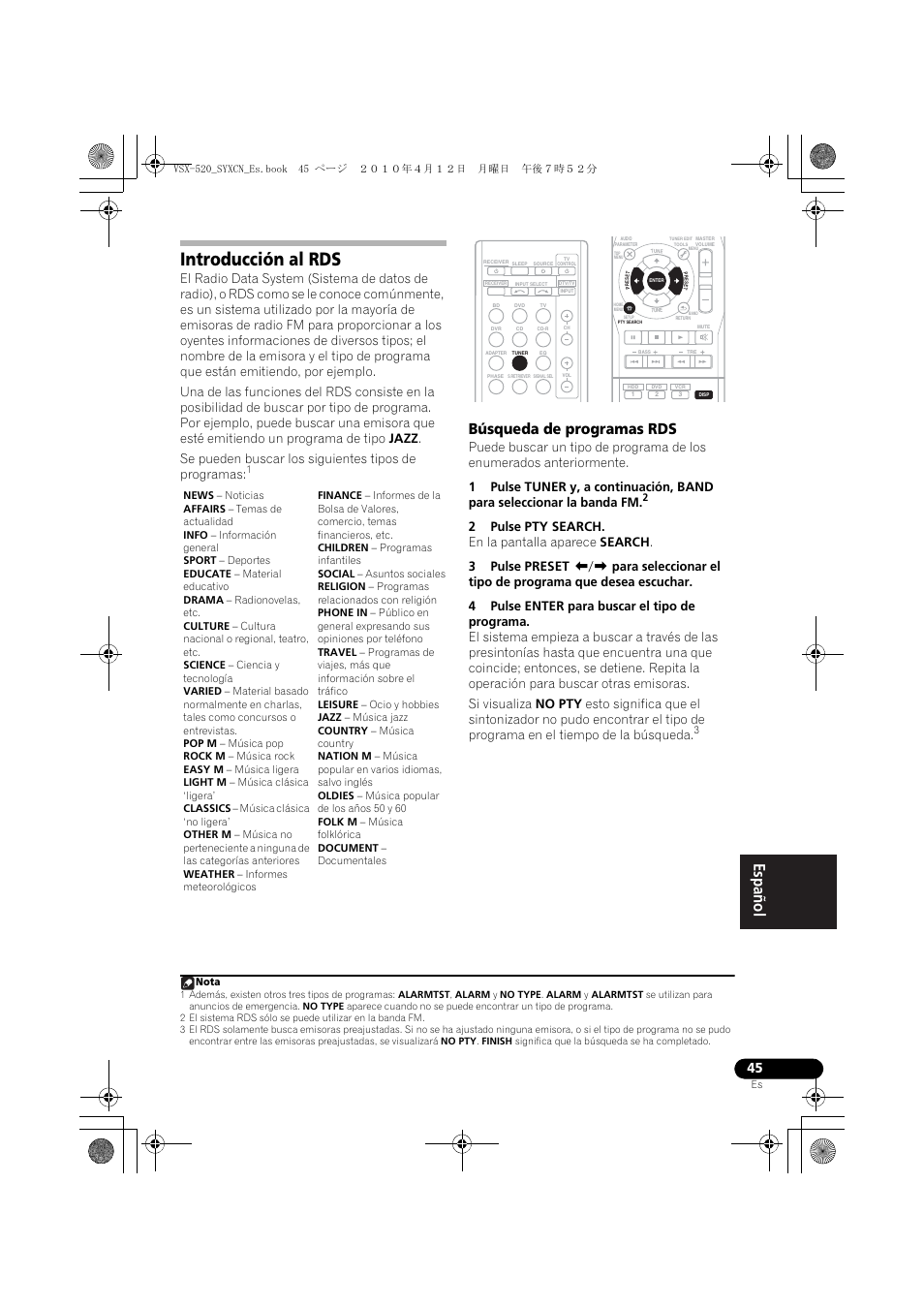 Introducción al rds, Búsqueda de programas rds | Pioneer VSX-520-S User Manual | Page 213 / 228