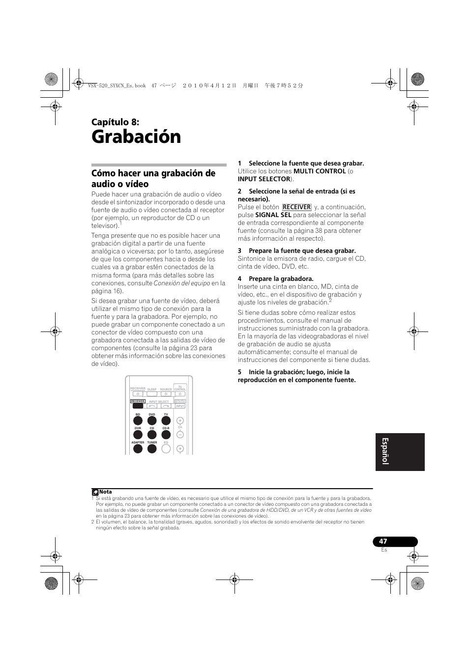 Grabación, Cómo hacer una grabación de audio o vídeo, 08 grabación | Capítulo 8 | Pioneer VSX-520-S User Manual | Page 215 / 228
