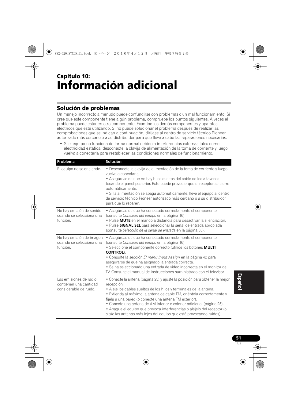 Información adicional, Solución de problemas, 10 información adicional | Capítulo 10 | Pioneer VSX-520-S User Manual | Page 219 / 228