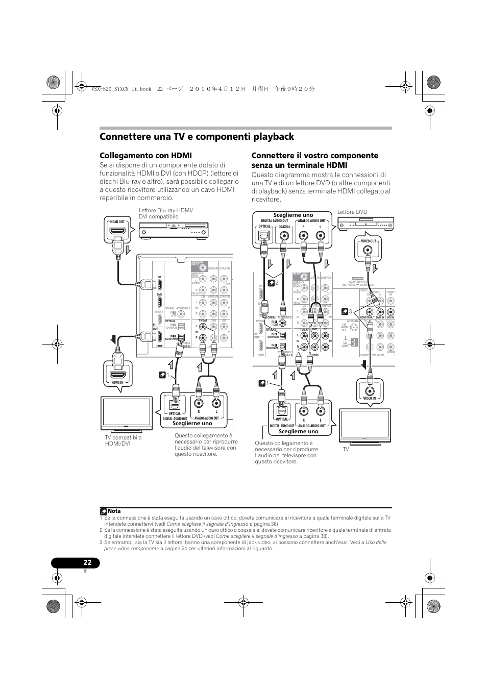 Connettere una tv e componenti playback, Collegamento con hdmi, Sceglierne uno | Nota | Pioneer VSX-520-S User Manual | Page 22 / 228