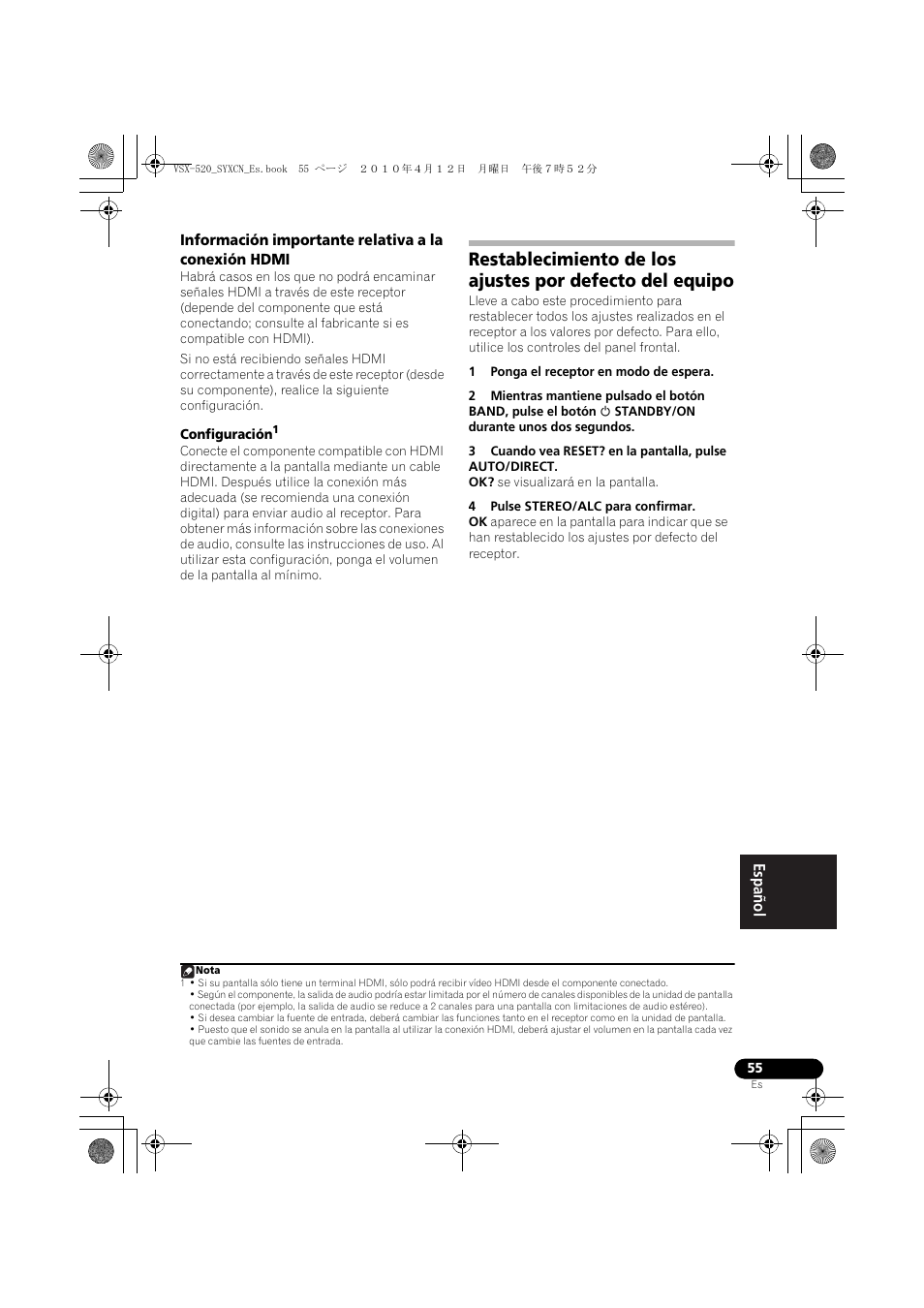Información importante relativa a la conexión hdmi | Pioneer VSX-520-S User Manual | Page 223 / 228