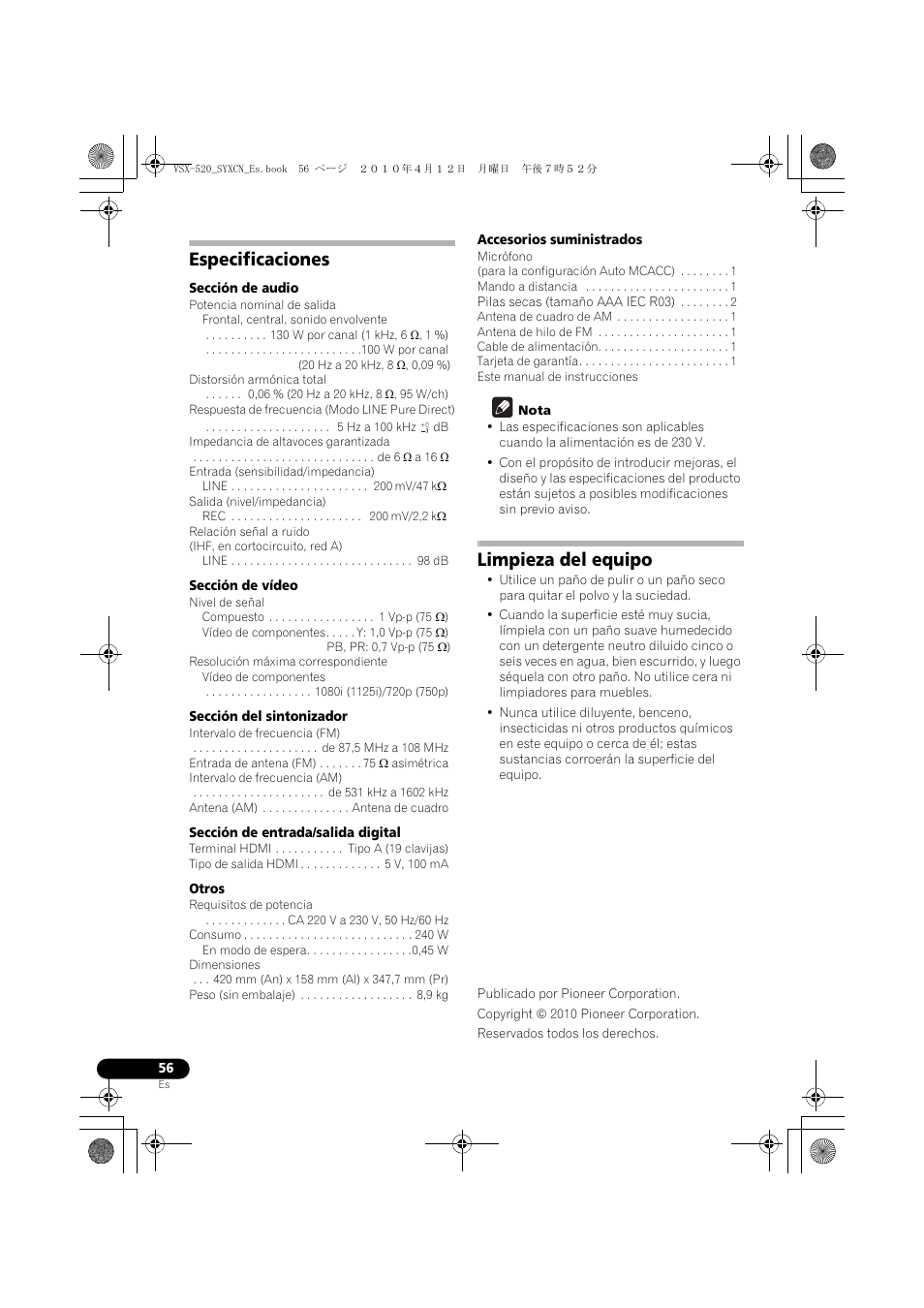 Especificaciones, Limpieza del equipo | Pioneer VSX-520-S User Manual | Page 224 / 228