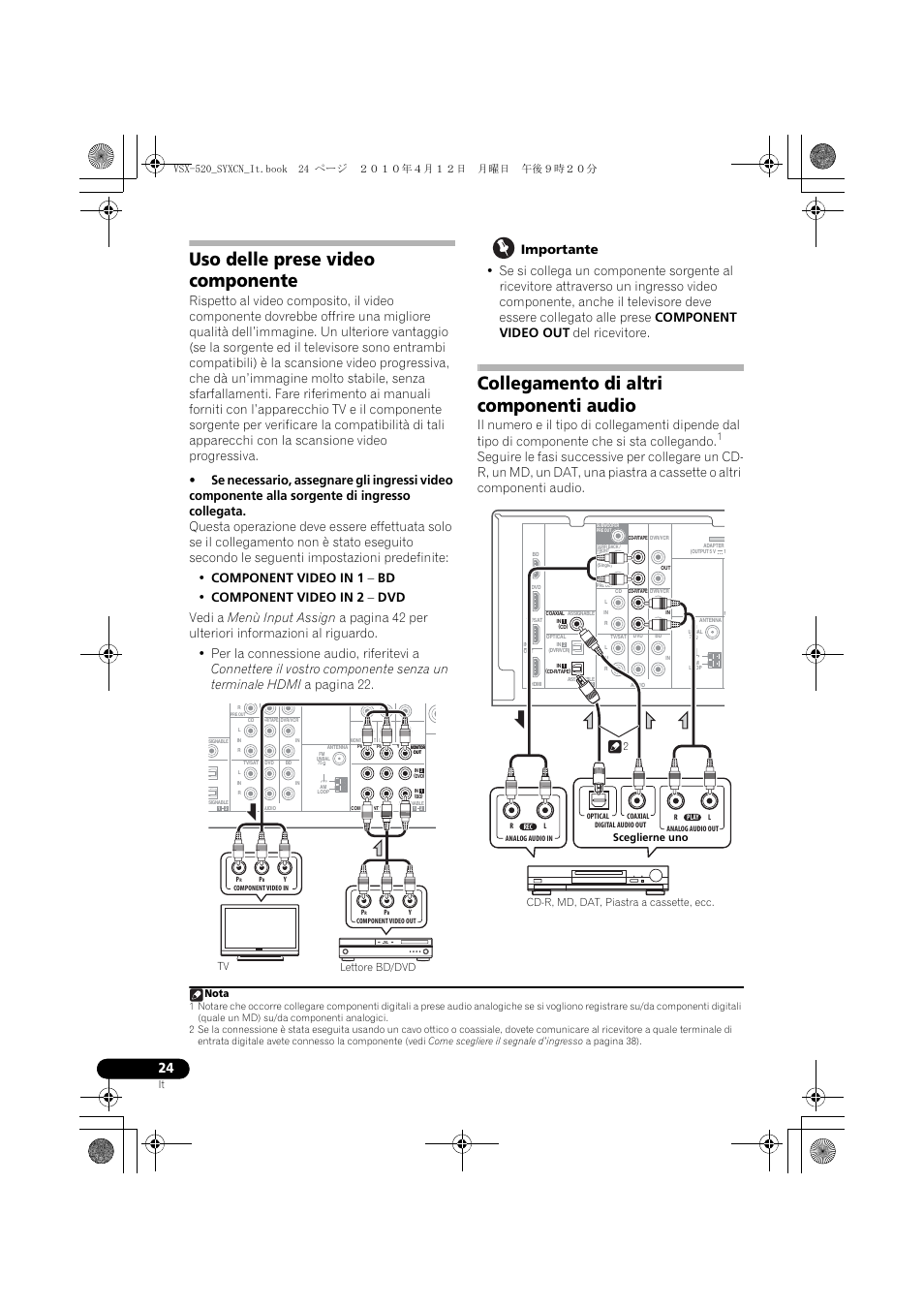 Uso delle prese video componente, Collegamento di altri componenti audio, Sceglierne uno | Lettore bd/dvd tv nota | Pioneer VSX-520-S User Manual | Page 24 / 228