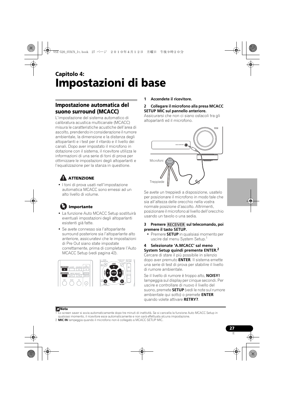 Impostazioni di base, Impostazione automatica del suono surround (mcacc), 04 impostazioni di base | Capitolo 4, Receiver | Pioneer VSX-520-S User Manual | Page 27 / 228