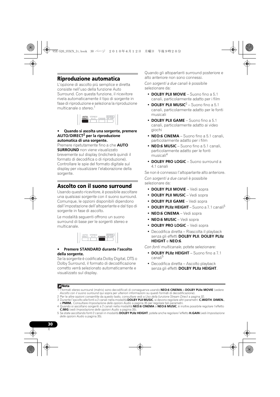 Riproduzione automatica, Ascolto con il suono surround | Pioneer VSX-520-S User Manual | Page 30 / 228
