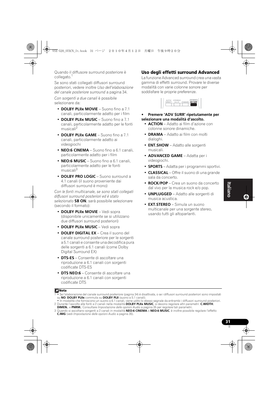 Uso degli effetti surround advanced | Pioneer VSX-520-S User Manual | Page 31 / 228