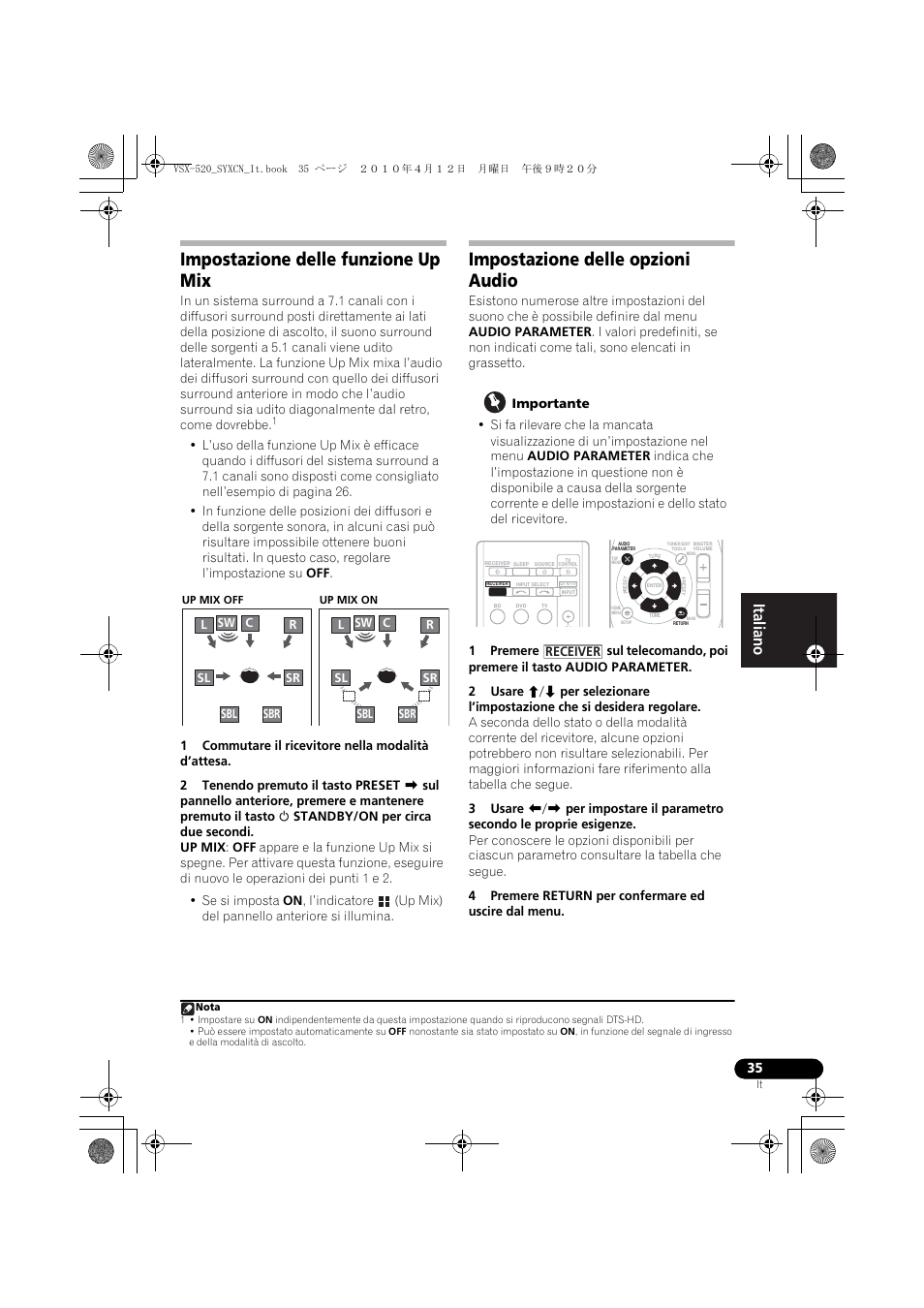 Impostazione delle funzione up mix, Impostazione delle opzioni audio | Pioneer VSX-520-S User Manual | Page 35 / 228
