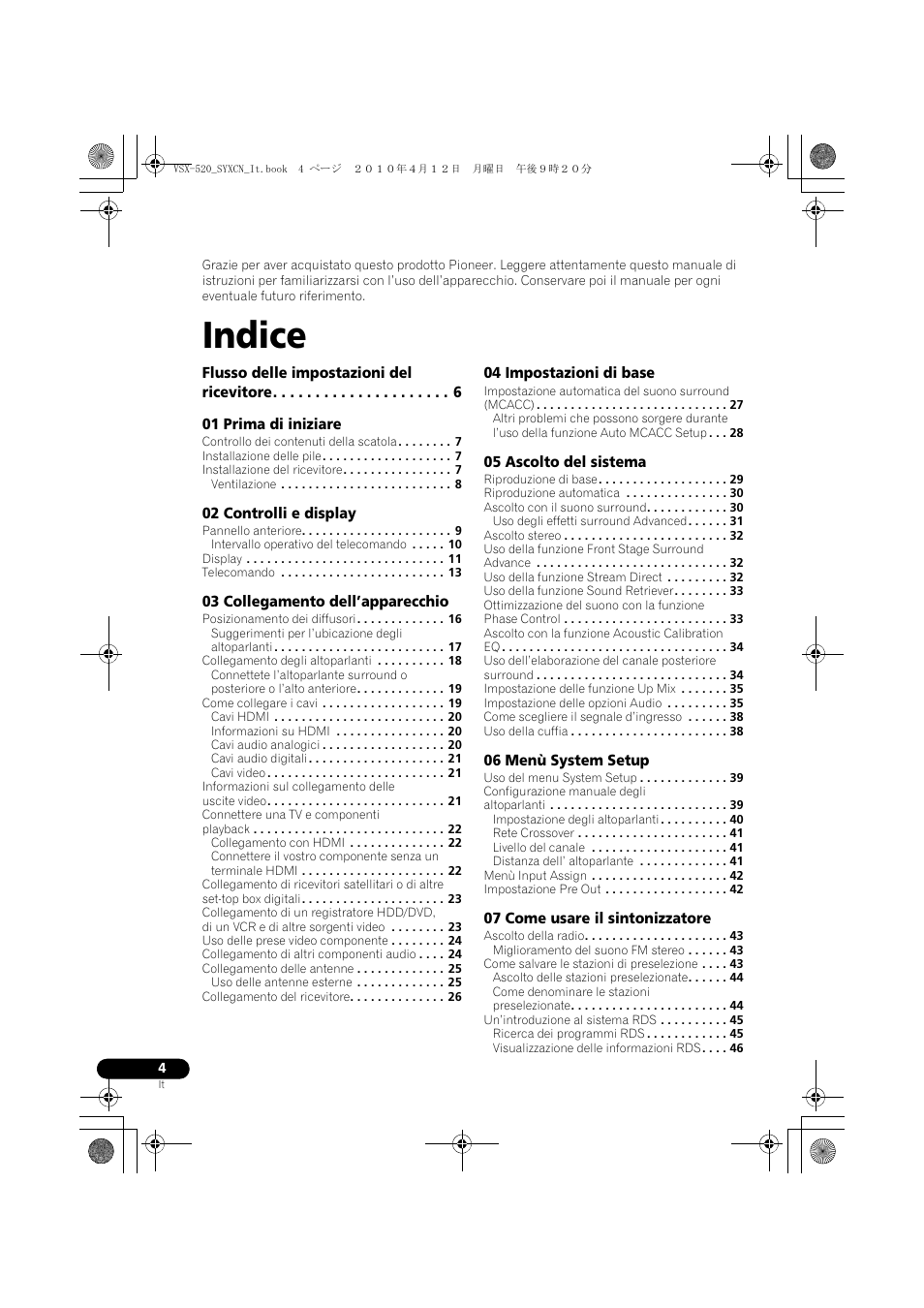 Indice, Istruzioni per i’uso | Pioneer VSX-520-S User Manual | Page 4 / 228