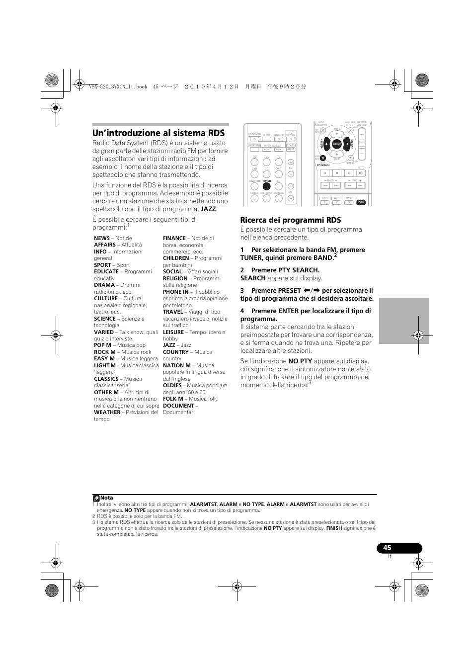 Un’introduzione al sistema rds, Ricerca dei programmi rds | Pioneer VSX-520-S User Manual | Page 45 / 228