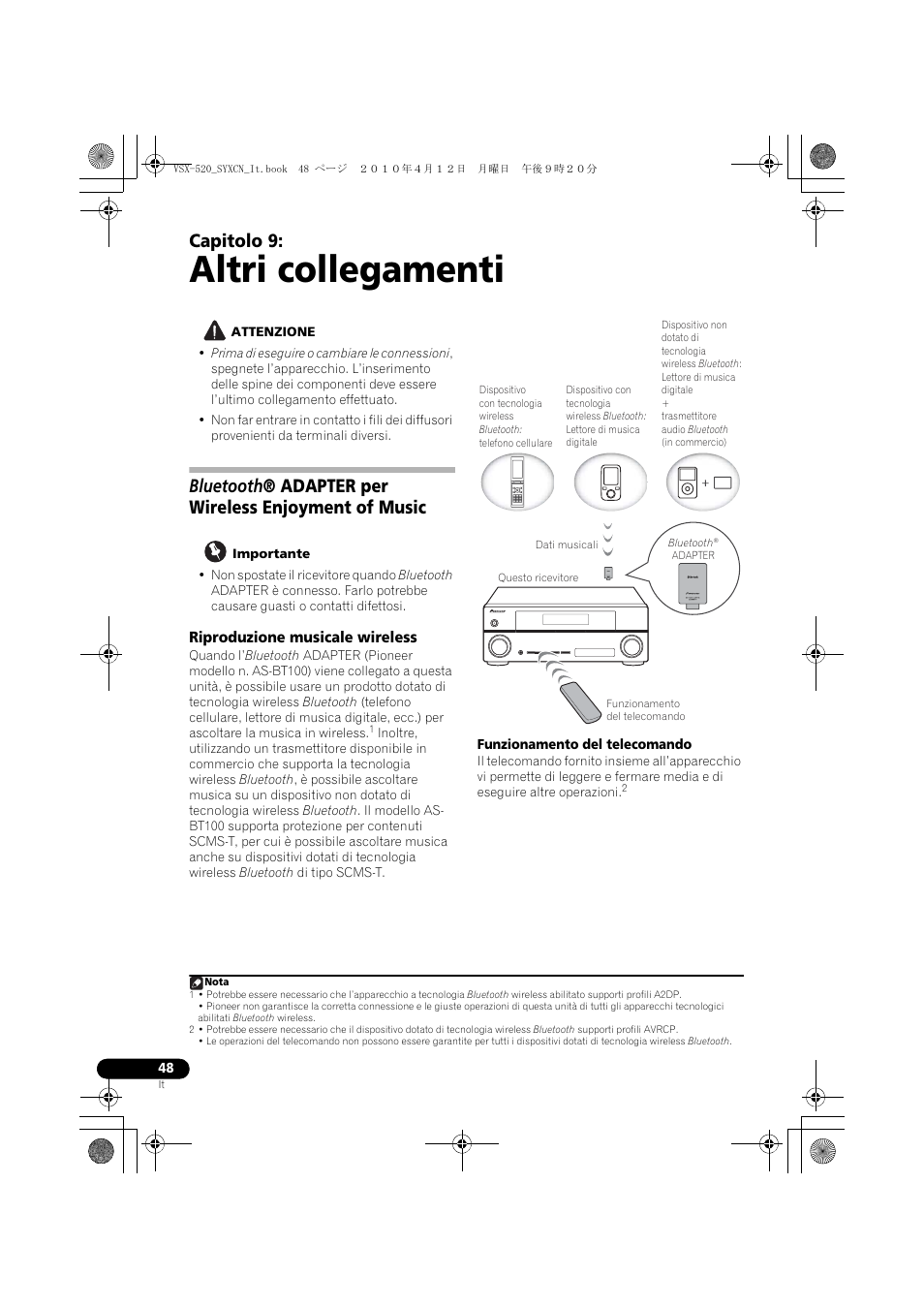Altri collegamenti, Bluetooth® adapter per wireless enjoyment of music, Riproduzione musicale wireless | 09 altri collegamenti, Capitolo 9 | Pioneer VSX-520-S User Manual | Page 48 / 228