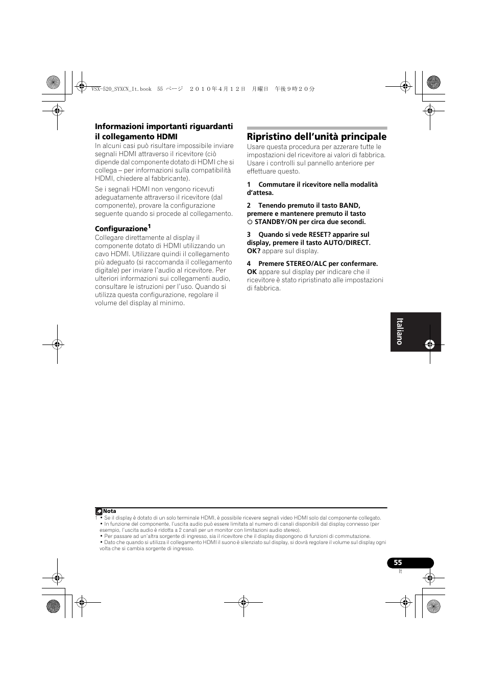 Ripristino dell’unità principale | Pioneer VSX-520-S User Manual | Page 55 / 228