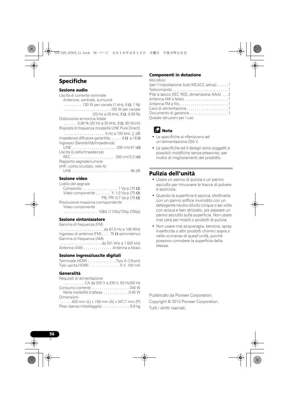 Specifiche, Pulizia dell’unità | Pioneer VSX-520-S User Manual | Page 56 / 228