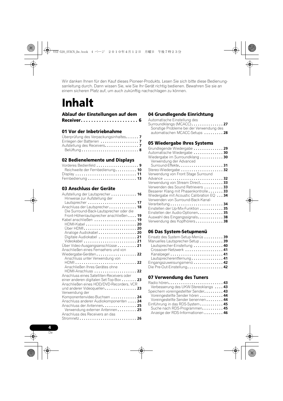 Inhalt, Bedienungsanleitung | Pioneer VSX-520-S User Manual | Page 60 / 228