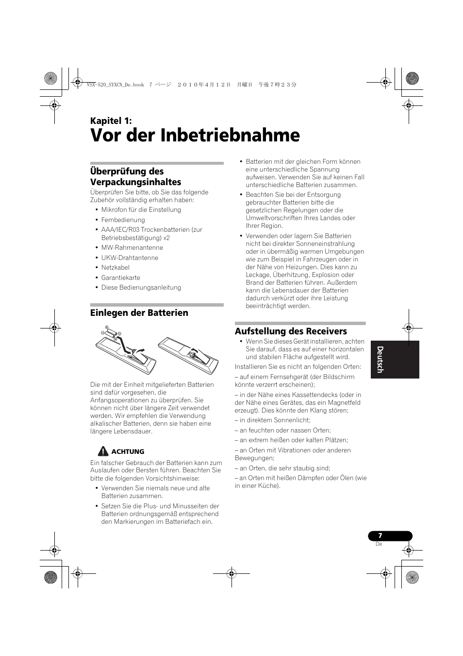 Vor der inbetriebnahme, Überprüfung des verpackungsinhaltes, Einlegen der batterien | Aufstellung des receivers, 01 vor der inbetriebnahme, Kapitel 1 | Pioneer VSX-520-S User Manual | Page 63 / 228