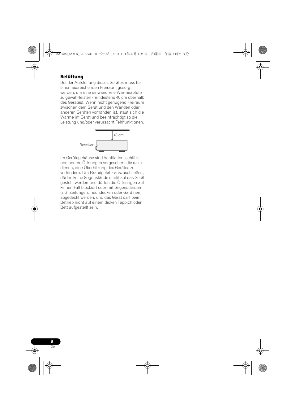 Belüftung | Pioneer VSX-520-S User Manual | Page 64 / 228