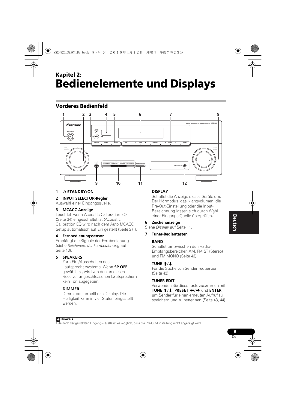 Bedienelemente und displays, Vorderes bedienfeld, 02 bedienelemente und displays | Kapitel 2 | Pioneer VSX-520-S User Manual | Page 65 / 228