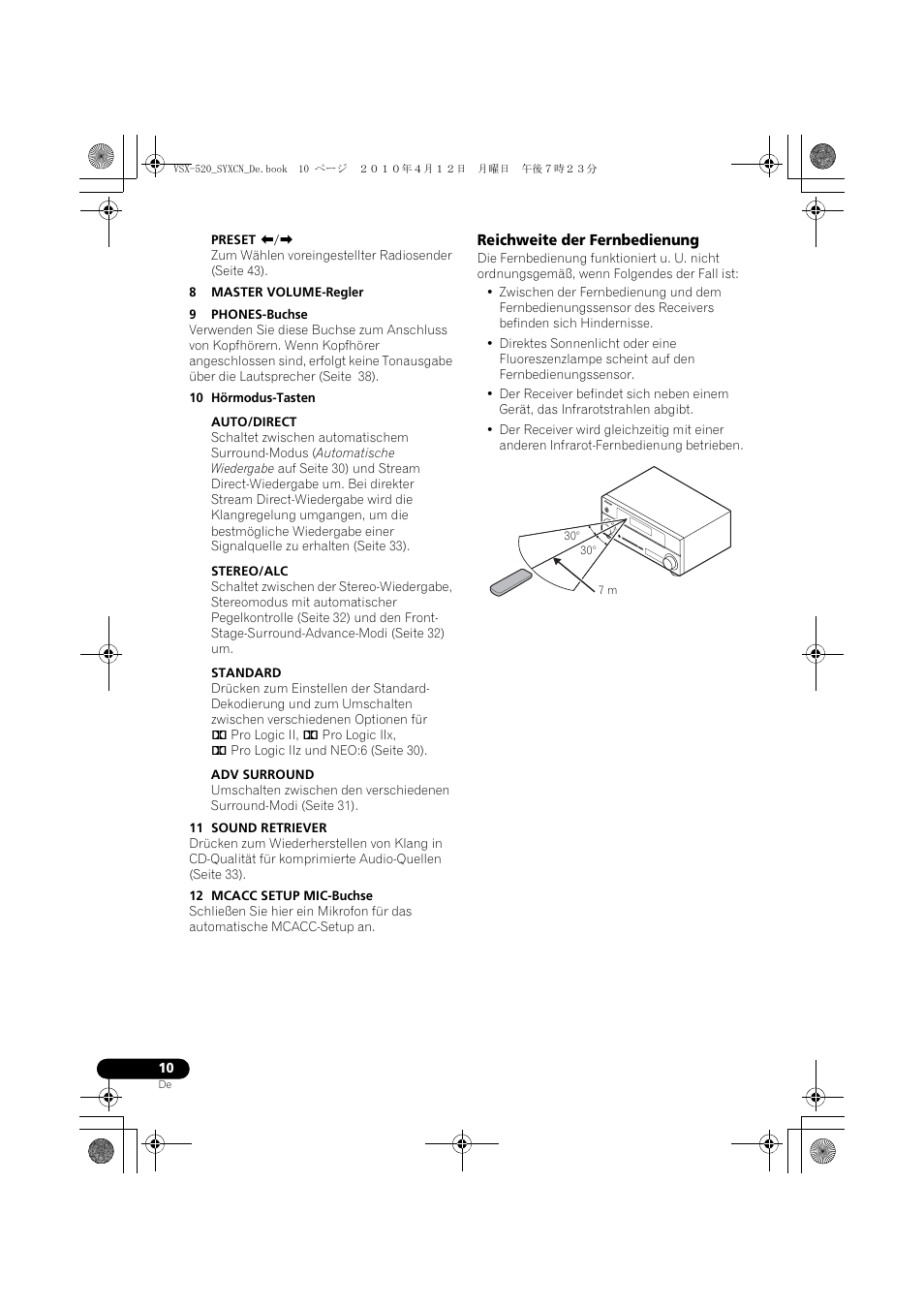Reichweite der fernbedienung | Pioneer VSX-520-S User Manual | Page 66 / 228
