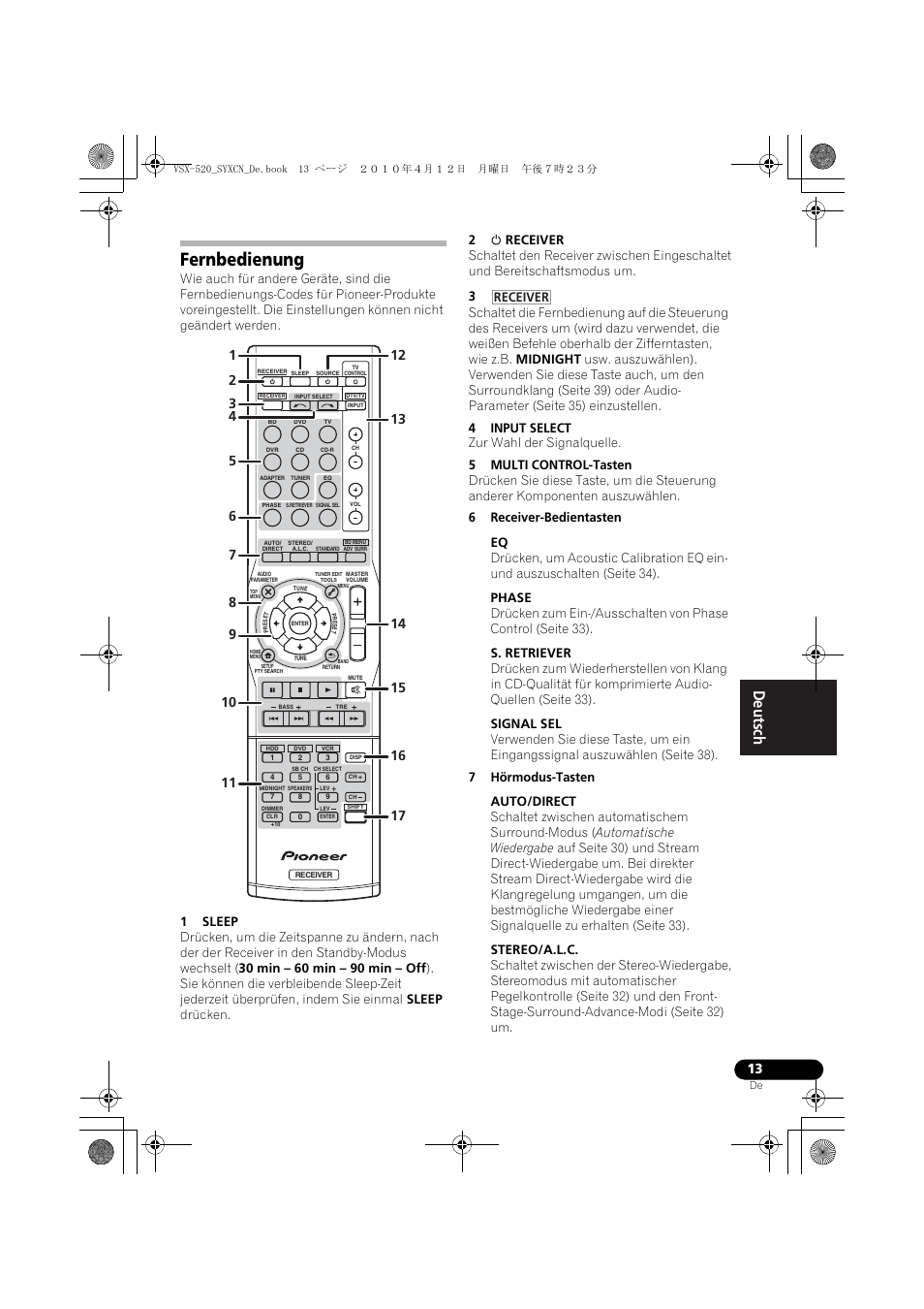 Fernbedienung, Receiver | Pioneer VSX-520-S User Manual | Page 69 / 228