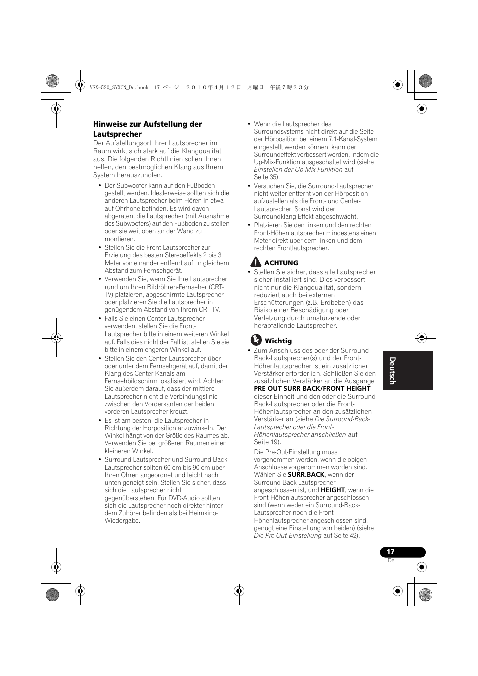Hinweise zur aufstellung der lautsprecher | Pioneer VSX-520-S User Manual | Page 73 / 228