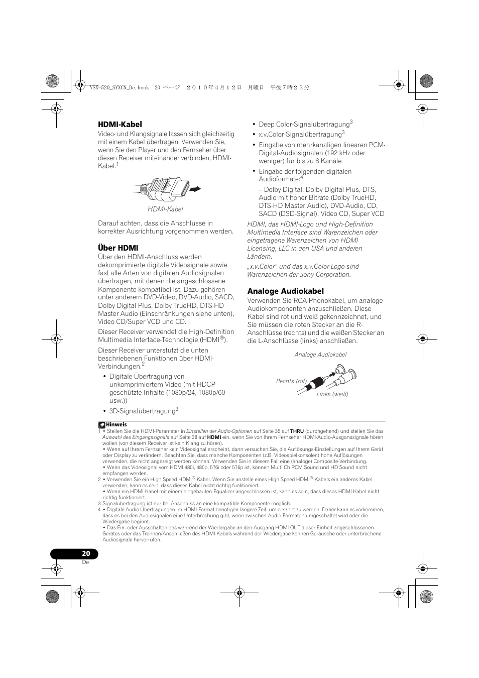 Hdmi-kabel, Über hdmi, Analoge audiokabel | Pioneer VSX-520-S User Manual | Page 76 / 228
