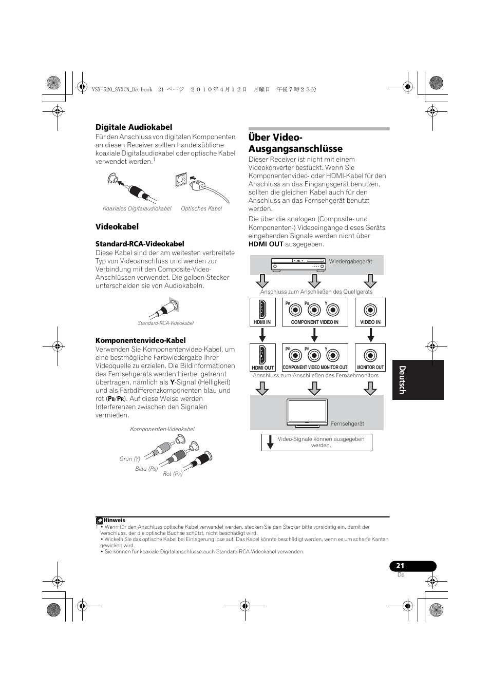 Digitale audiokabel, Videokabel, Über video- ausgangsanschlüsse | Über video-ausgangsanschlüsse | Pioneer VSX-520-S User Manual | Page 77 / 228