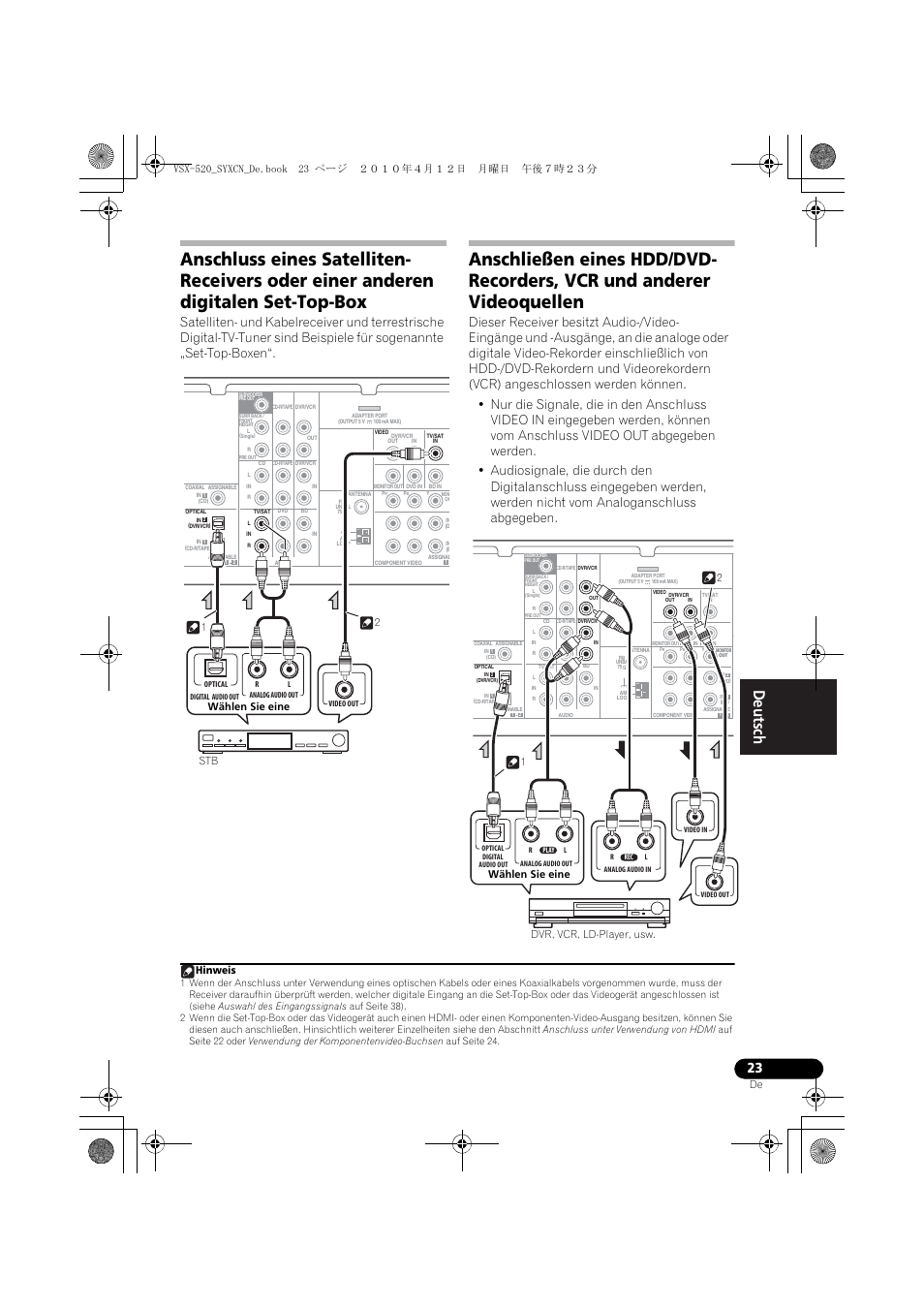 Wählen sie eine, Hinweis, Wählen sie eine stb 1 2 | Pioneer VSX-520-S User Manual | Page 79 / 228
