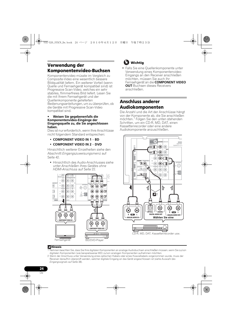Verwendung der komponentenvideo-buchsen, Anschluss anderer audiokomponenten, Wählen sie eine | Bd/dvd-player fernsehgerät hinweis | Pioneer VSX-520-S User Manual | Page 80 / 228